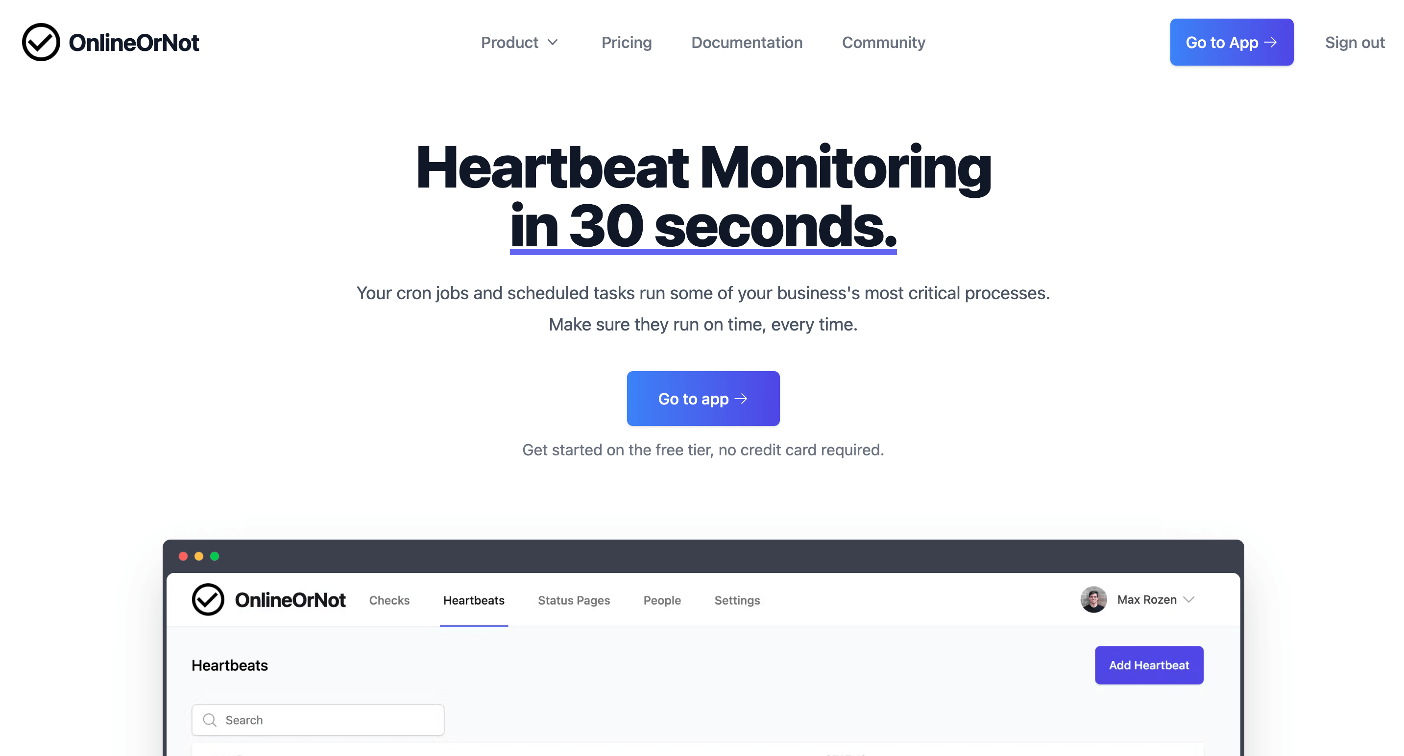 Heartbeat monitoring landing page