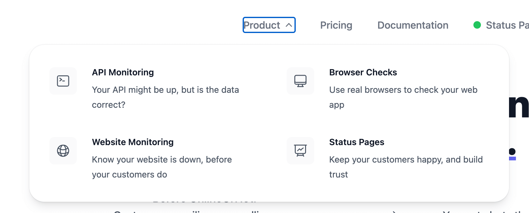 OnlineOrNot dropdown linking to API Monitoring, Browser Checks, Website Monitoring, and Status Pages
